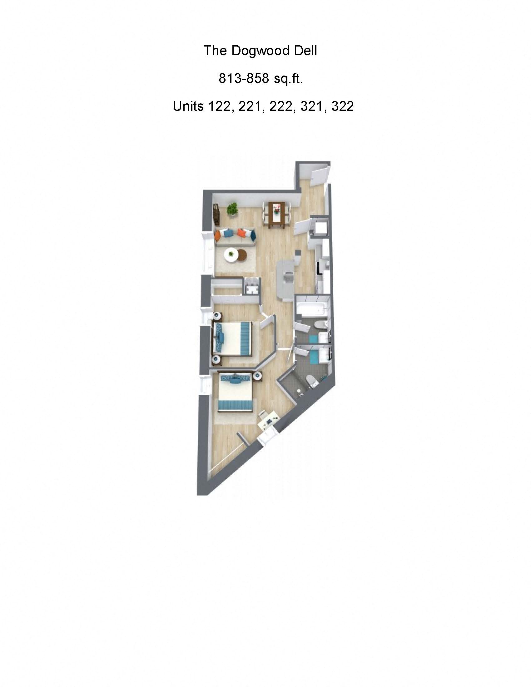 Floor plan for 2 beds, 2 baths, 858 sqft